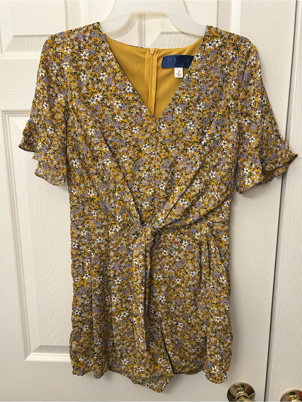 Blue Rain Mustard Yellow Botanical Ditsy Floral Front-Tie Romper - Size S
